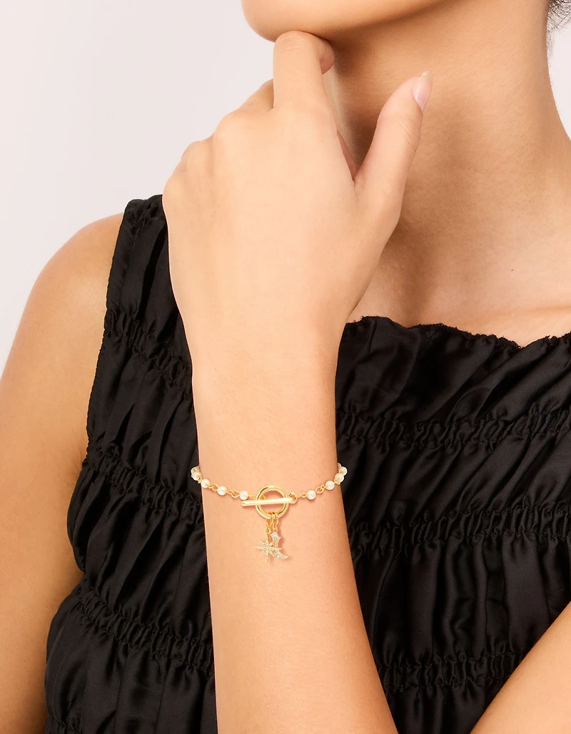Gold Plated Pearl & Cubic Zirconia Star Moon Fob Bracelet