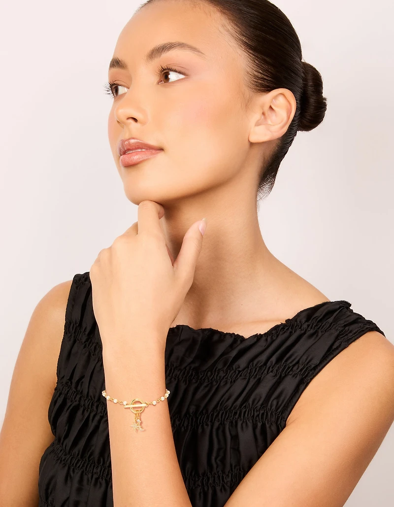 Gold Plated Pearl & Cubic Zirconia Star Moon Fob Bracelet