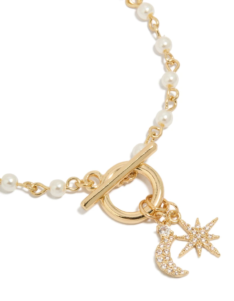 Gold Plated Pearl & Cubic Zirconia Star Moon Fob Bracelet