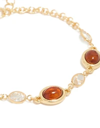 Gold Plated Cognac Bead & Clear Cubic Zirconia Tennis Bracelet