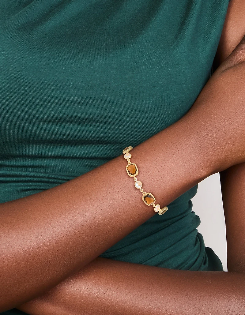 Gold Plated Clear & Cognac Cubic Zirconia Square Cut Bezel Toggle Bracelet