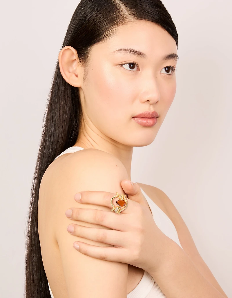 Gold Plated Red Cubic Zirconia Teardrop & Wavy Rings 3-Pack