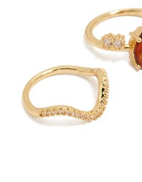 Gold Plated Red  Cubic Zirconia Teardrop & Wavy Rings 3-Pack
