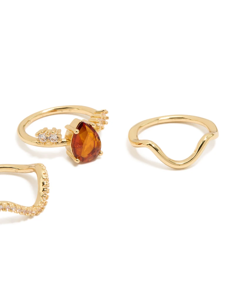 Gold Plated Red Cubic Zirconia Teardrop & Wavy Rings 3-Pack