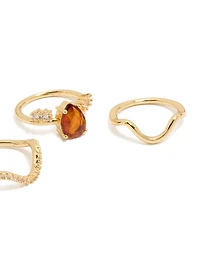 Gold Plated Red  Cubic Zirconia Teardrop & Wavy Rings 3-Pack