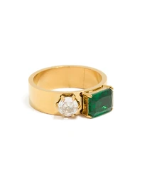 Waterproof Gold Plated Stainless Steel Clear & Green Cubic Zirconia Thick Band Ring
