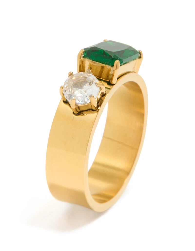 Waterproof Gold Plated Stainless Steel Clear & Green Cubic Zirconia Thick Band Ring
