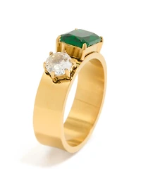 Waterproof Gold Plated Stainless Steel Clear & Green Cubic Zirconia Thick Band Ring