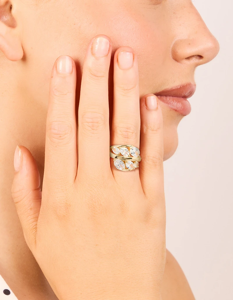 Gold Plated Cubic Zirconia Oval Clusters Layered Ring