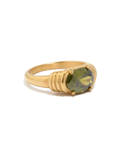 Waterproof Gold Plated Stainless Steel Oval Green Cubic Zirconia Ring