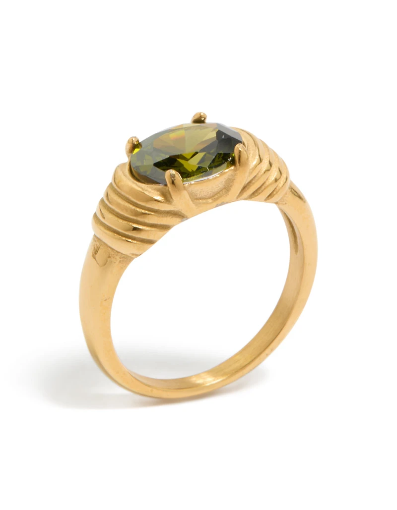 Waterproof Gold Plated Stainless Steel Oval Green Cubic Zirconia Ring
