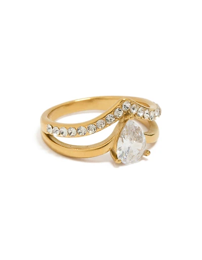 Bague multicouche en acier inoxydable plaqué or étanche, ornée de zircon cubique forme poire