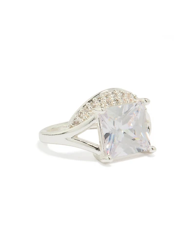 Silver Square Pavé Set Cubic Zirconia Ring