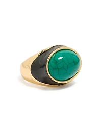 Gold Plated Black Enamel & Chunky Green Stone Ring