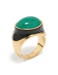 Gold Plated Black Enamel & Chunky Green Stone Ring