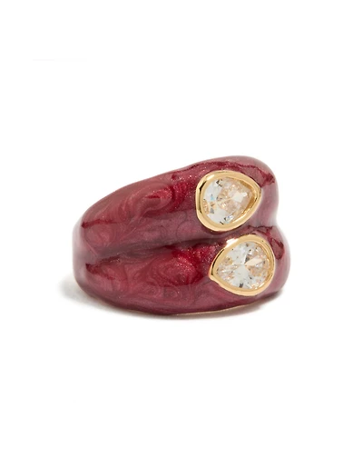 Gold Plated Red Enamel Double Cubic Zirconia Ring