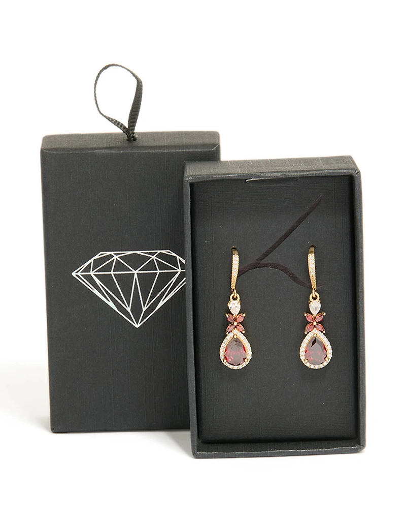 Gold Red Cubic Zirconia Drop Earrings