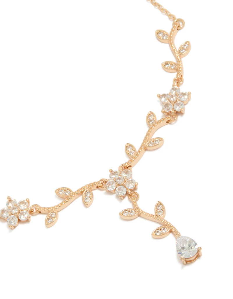 Gold Cubic Zirconia Floral Vine Necklace