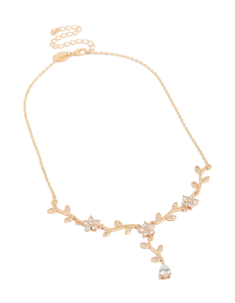 Gold Cubic Zirconia Floral Vine Necklace