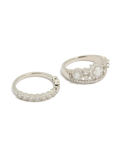 Silver Cubic Zirconia Band & Floral Stacking Rings 2-Pack