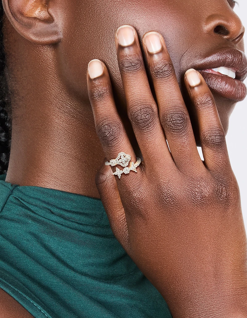 Silver Plated Dainty Cubic Zirconia Floral Wrap Ring