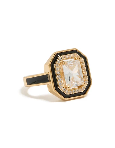 Gold Plated Black Enamel Outline Cushion Cut Cubic Zirconia  Ring