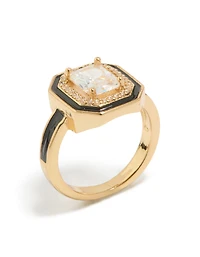 Bague plaquée or, émail noir, contour en et zircon cubique taille coussin