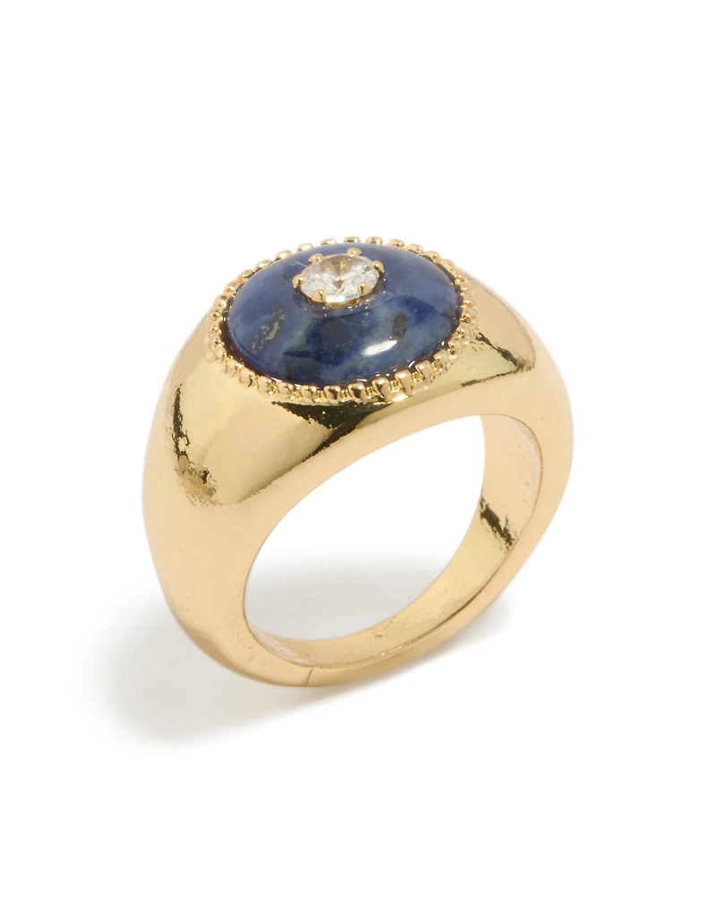 Gold Plated Chunky Cubic Zirconia Blue Stone Ring