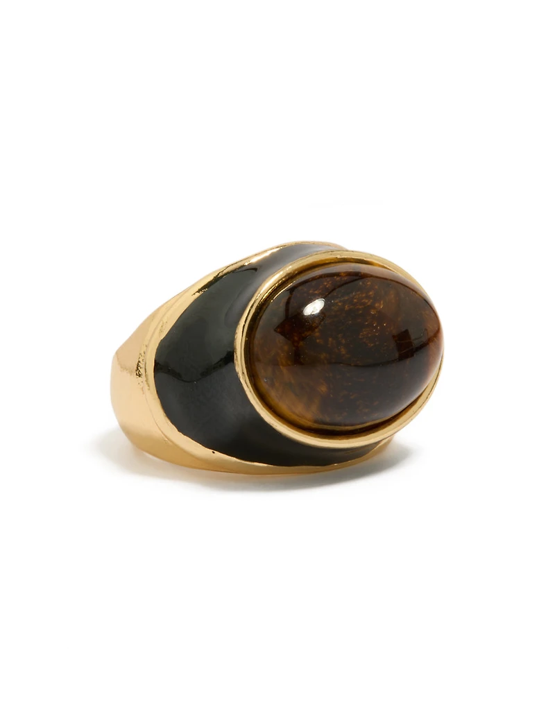 Gold Plated Chunky Brown Stone & Black Enamel Ring