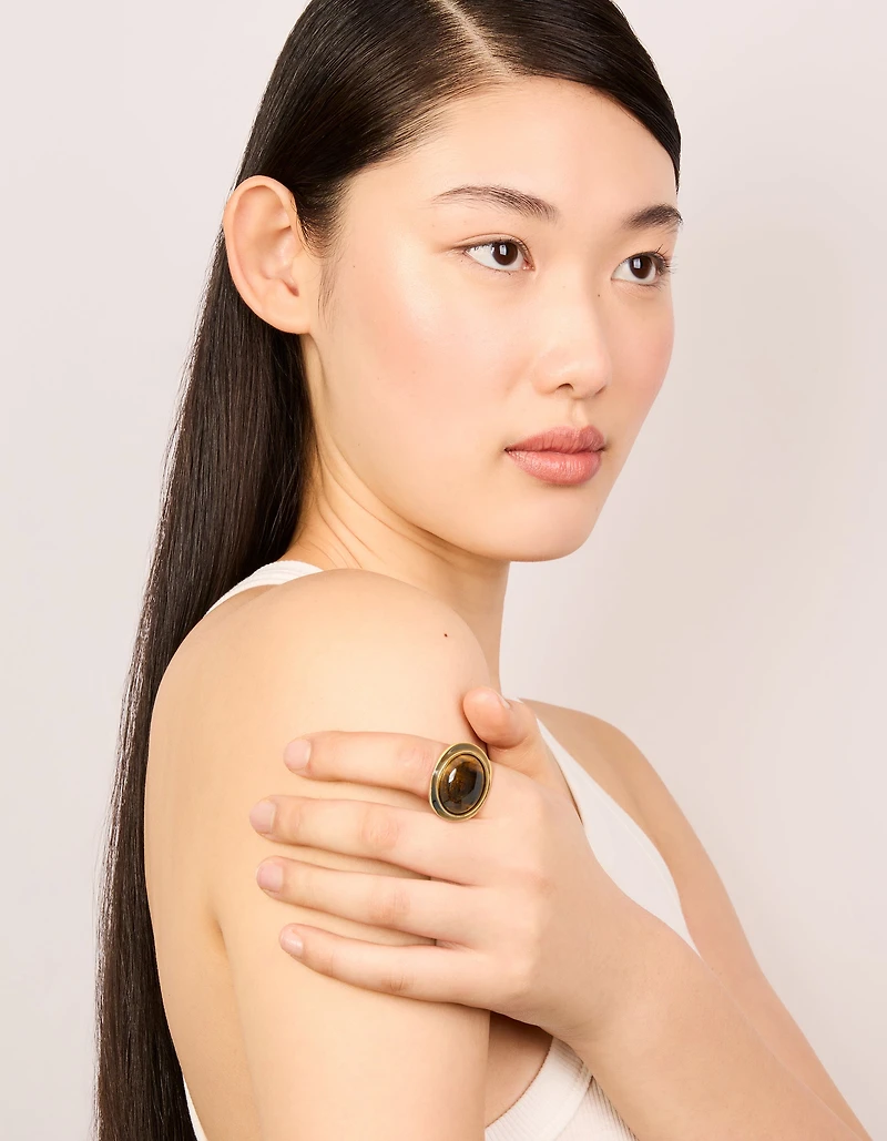 Gold Plated Chunky Brown Stone & Black Enamel Ring