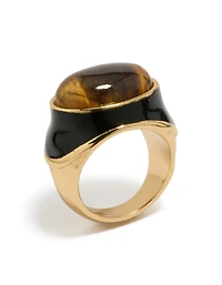 Gold Plated Chunky Brown Stone & Black Enamel Ring