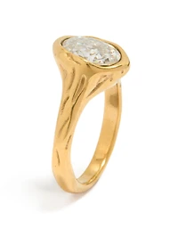 Waterproof Gold Plated Stainless Steel Oval Cubic Zirconia Molten Ring