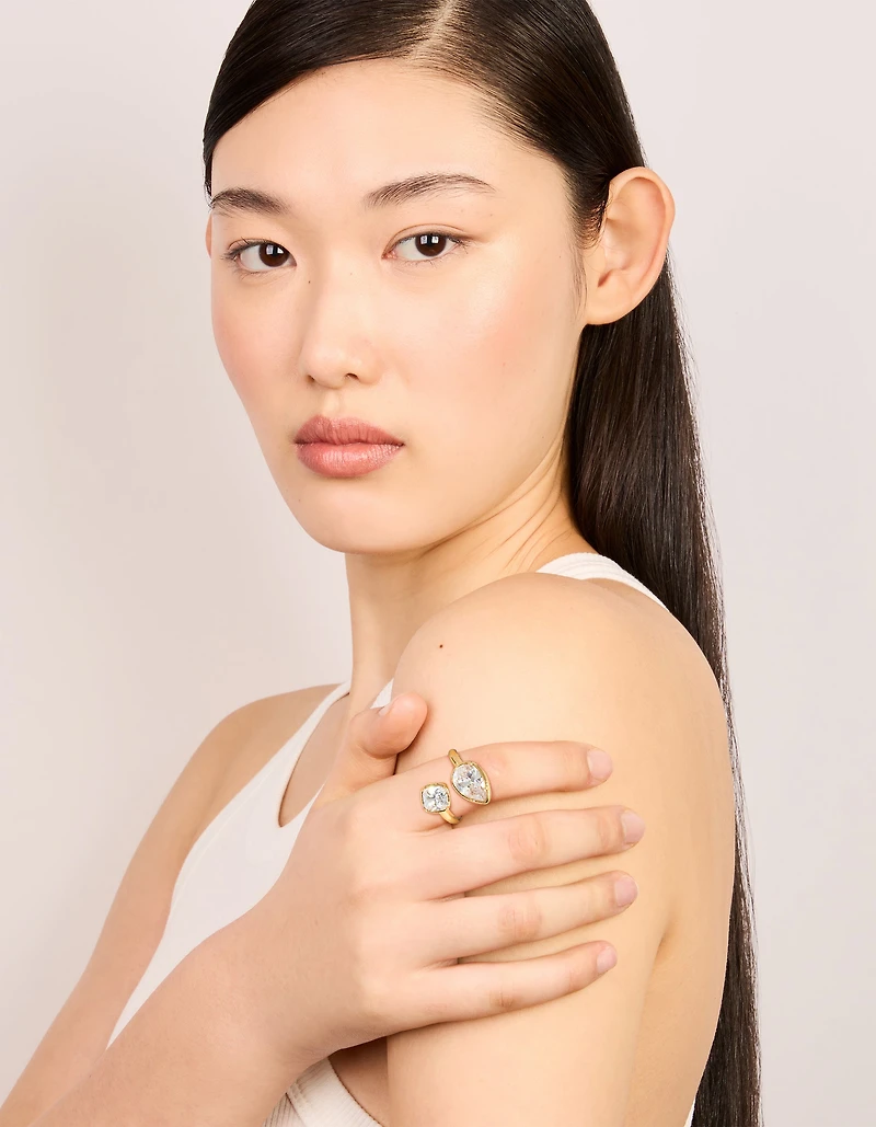 Waterproof Gold Plated Stainless Steel Double Cubic Zirconia Wrap Ring