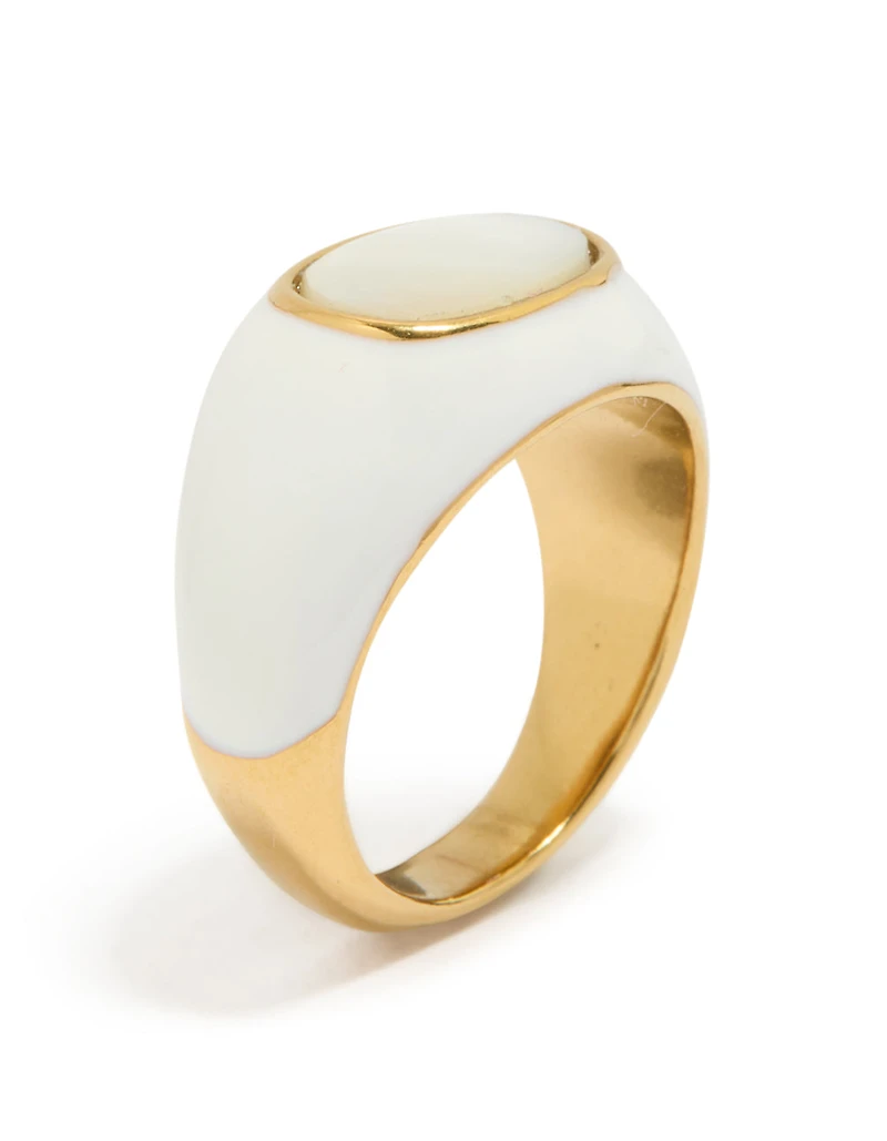 Waterproof Gold Plated Stainless Steel White Enamel Shell Ring