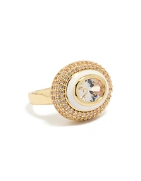 Bague plaquée or, pavée de zirconiums cubiques et d'émail blanc