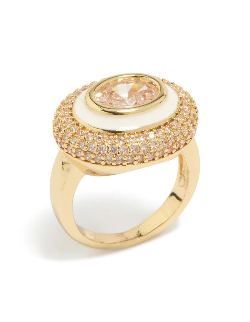 Gold Plated Pave Cubic Zirconia White Enamel Ring