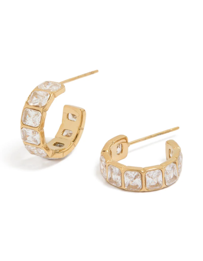 Waterproof Gold Plated Stainless Steel Cubic Zirconia Rectangle Bezel Hoop Earrings