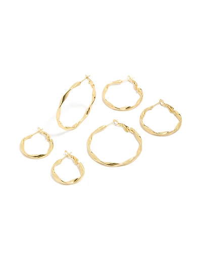 Waterproof Gold Plated Stainless Steel Twisted Hoop Earrings 3-Pack