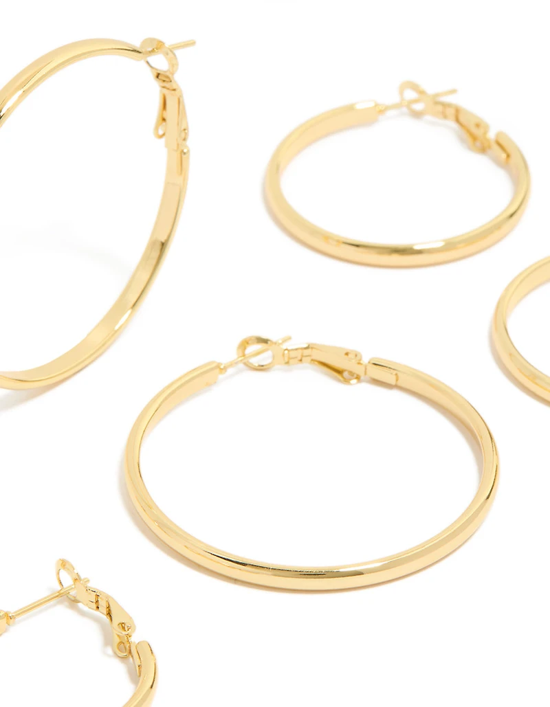 Waterproof Gold Plated Stainless Steel Wide Round Hoop Earrings 3-Pack