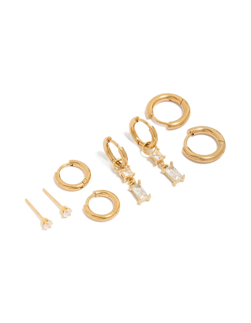 Waterproof Gold Plated Stainless Steel Cubic Zirconia Huggie & Stud Earrings 4-Pack