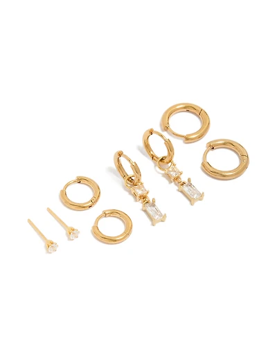 Waterproof Gold Plated Stainless Steel Cubic Zirconia Huggie & Stud Earrings 4-Pack