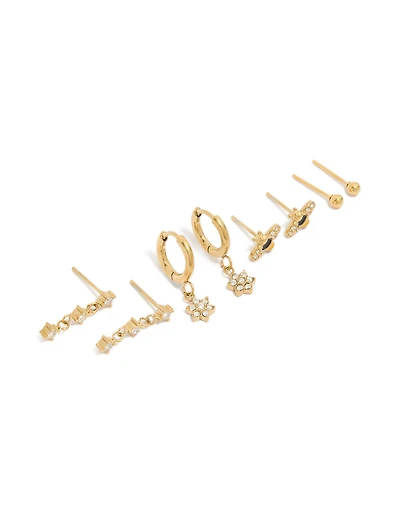 Waterproof Gold Plated Stainless Steel Bumble Bee & Flower Cubic Zirconia Earrings 4-Pack