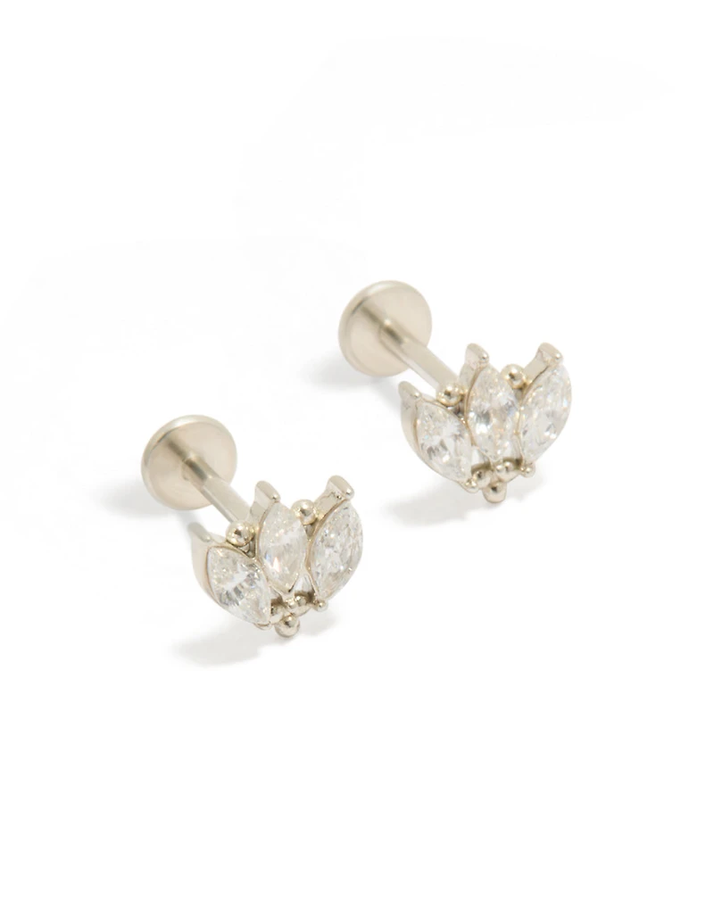 Puces d'oreilles plates en acier inoxydable étanche, triple marquise et zircone cubique