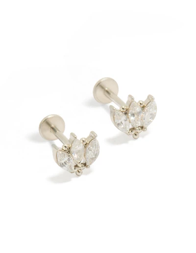 Puces d'oreilles plates en acier inoxydable étanche, triple marquise et zircone cubique