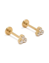 Waterproof Gold Plated Stainless Steel  Bezel Set Cubic Zirconia Trio Flat Back Studs