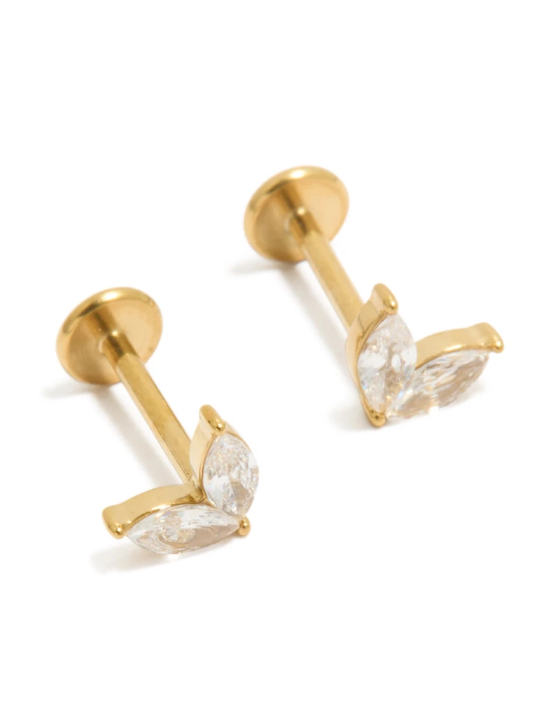 Waterproof Gold Plated Stainless Steel Marquise Long Heart Flat Back Studs