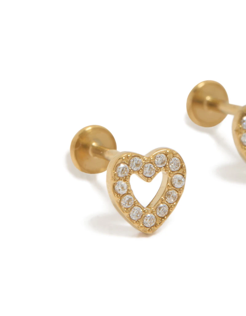 Waterproof Gold Plated Stainless Steel Cubic Zirconia Open Heart Flat Back Studs