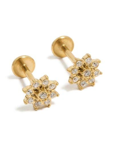 Waterproof Gold Plated Stainless Steel Cubic Zirconia Flower Flat Back Studs