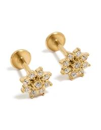 Waterproof Gold Plated Stainless Steel Cubic Zirconia Flower Flat Back Studs