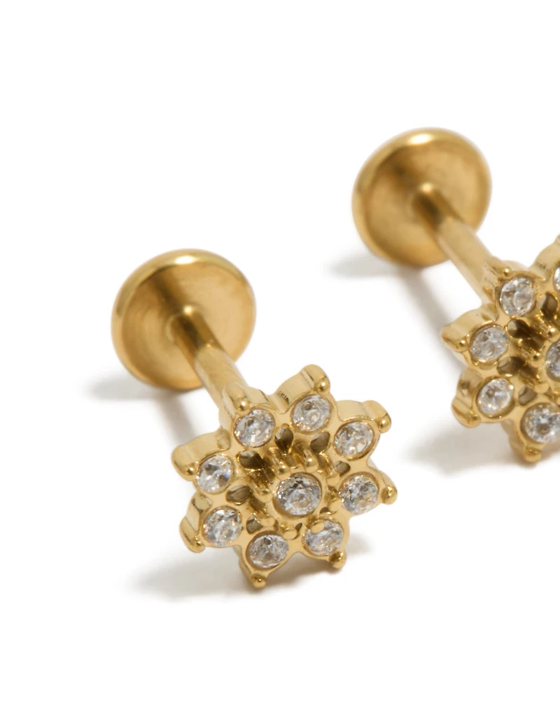 Waterproof Gold Plated Stainless Steel Cubic Zirconia Flower Flat Back Studs